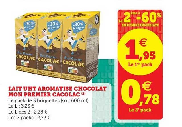 lait uht aromatisé chocolat mon premier cacolac le 2ème à -60% en remise immédiate