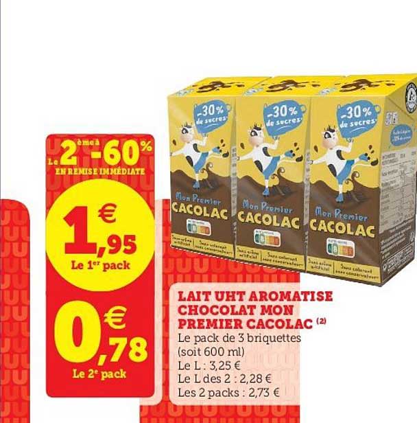 lait uht aromatisé chocolat mon premier cacolac le 2ème à -60% en remise immédiate