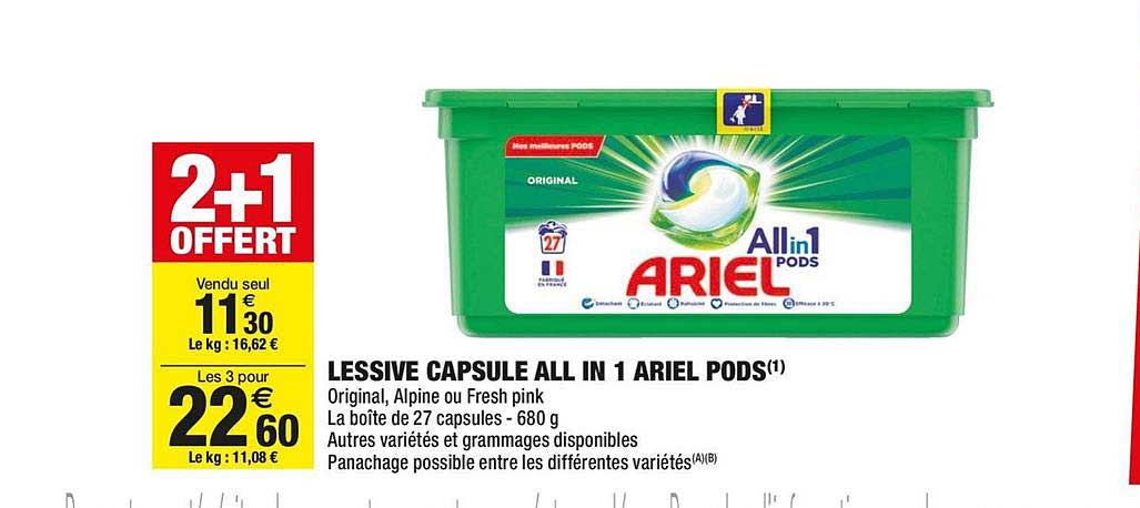 lessive capsule all in 1 ariel pods 2+1 offert