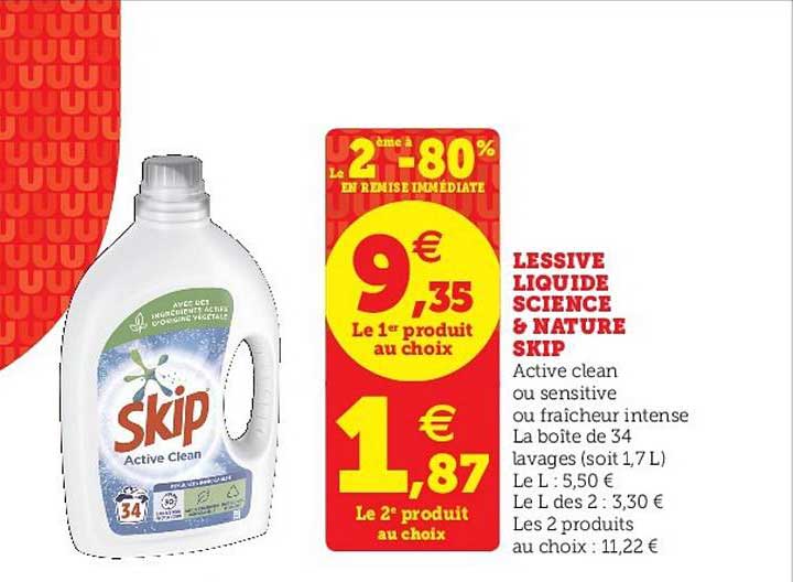lessive liquide science & nature skip le 2ème à -80%