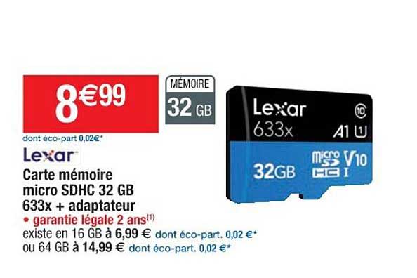 lexar carte mémoire micro sdhc 32 gb 633x + adapteur