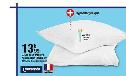 lot de 2 oreillers newconfort 60x60 cm dreaméa