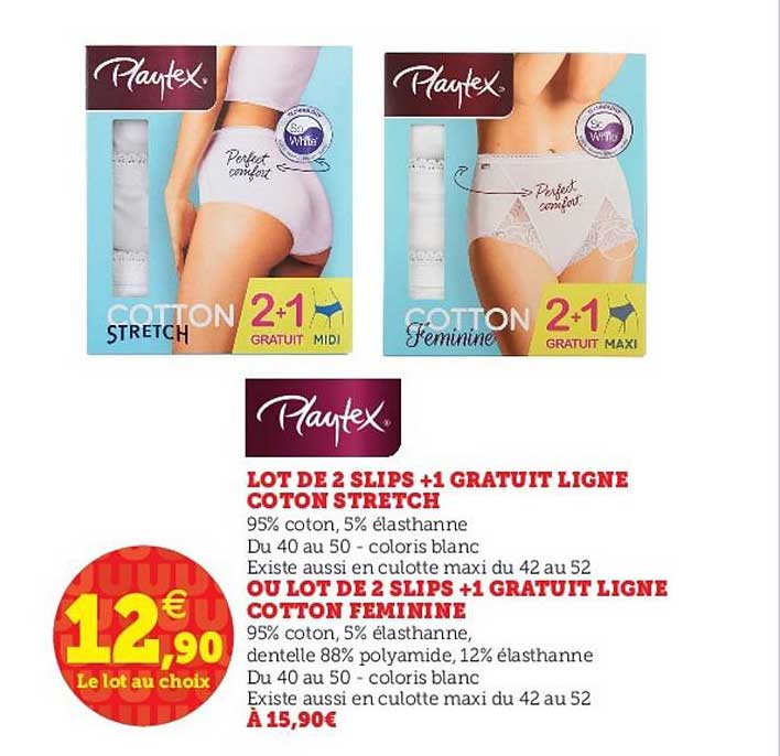 lot de 2 slips +1 gratuit ligne cotton strecth ou lot de 2 slips +1 gratuit ligne coton feminine playtex