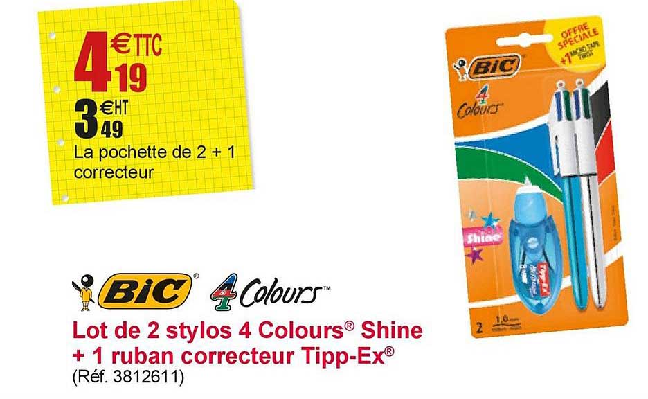 lot de 2 stylos 4 couleurs shine + 1 ruban correcteur tipp ex bic