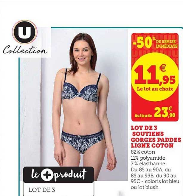 lot de 3 soutiens gorges paddes ligne coton -50% de remise immédiate