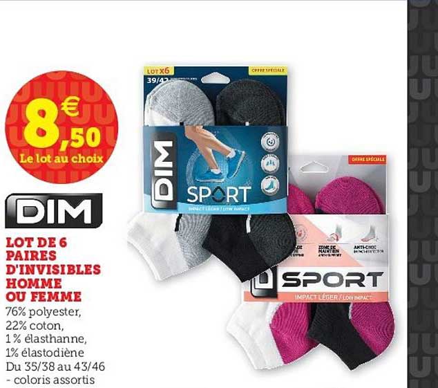 lot de 6 paires d'invisibles homme ou femme dim sport