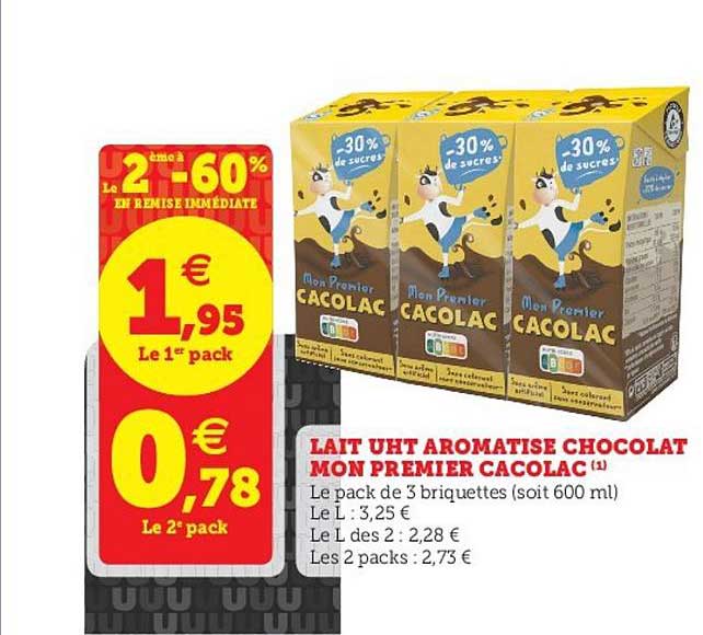 mon premier cacolac lait uht aromatisé chocolat le 2ème à -60% en remise immédiate