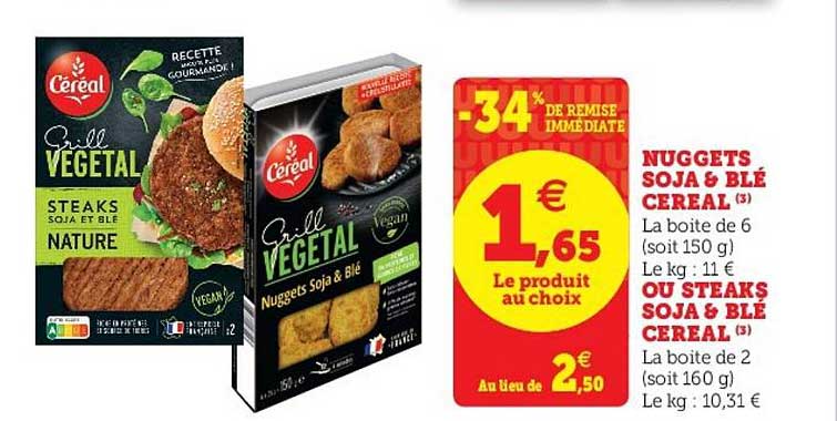 Nuggets Soja & Blé Cereal Ou Steaks Soja & Blé Cereal -34% De Remise Immédiate