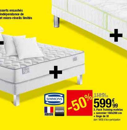 pack training matelas + sommier 160x200 cm + linge de lit simmons