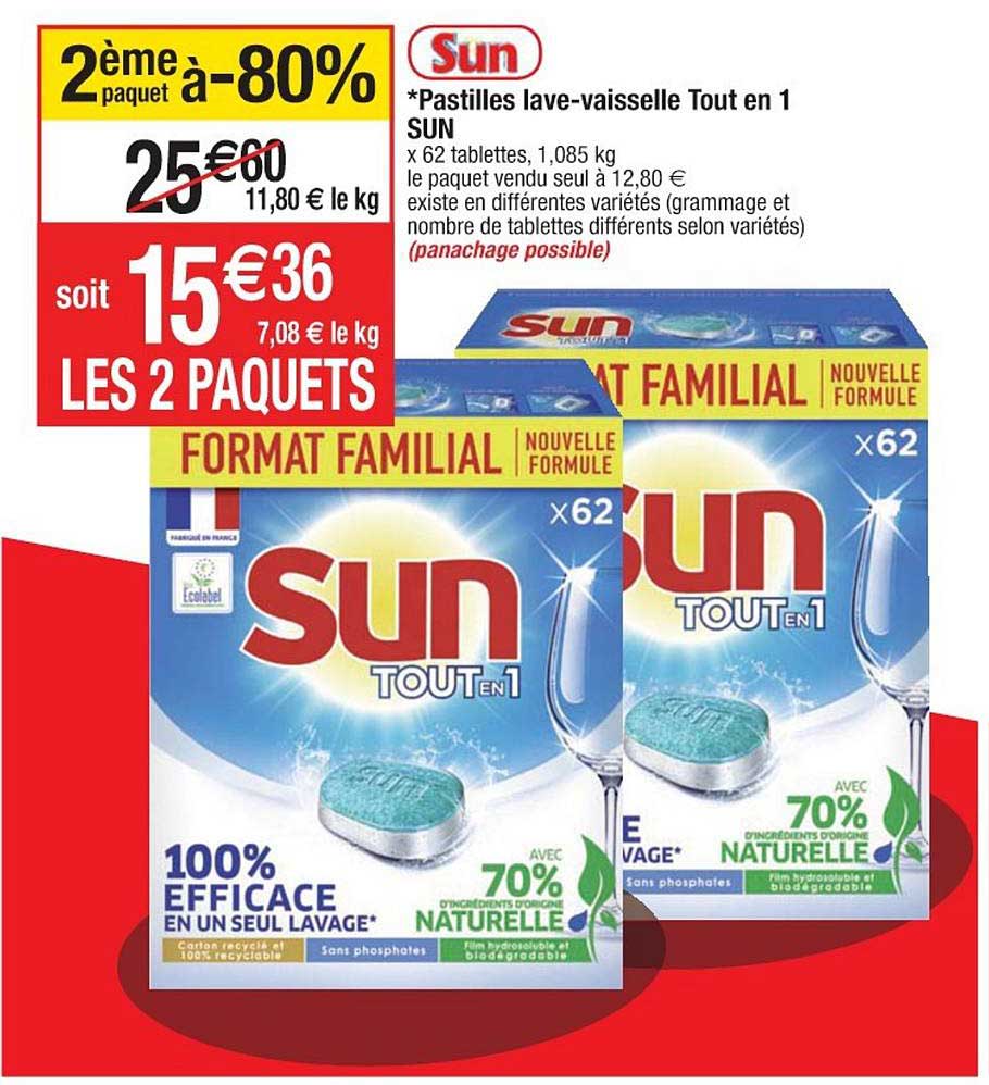 Pastilles Lave Vaisselle Tout En 1 Sun 2ème Paquet à -80%