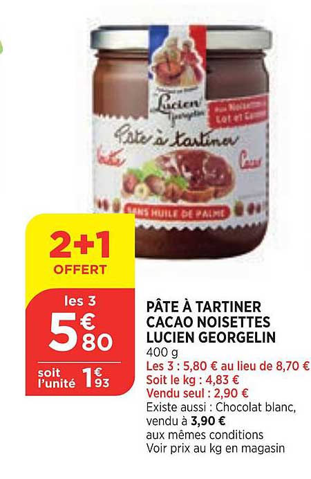 pâte à tartiner cacao noisettes lucien georgien 2+1 offert