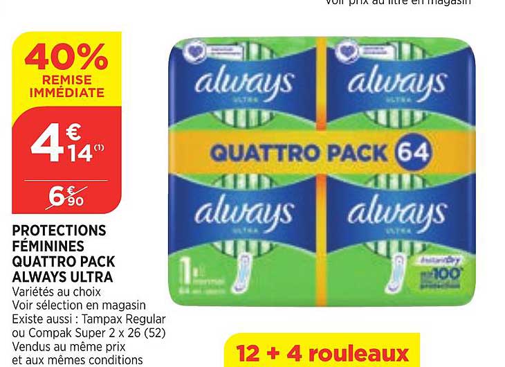 protections féminines quattro pack always ultra 40% de remise immédiate