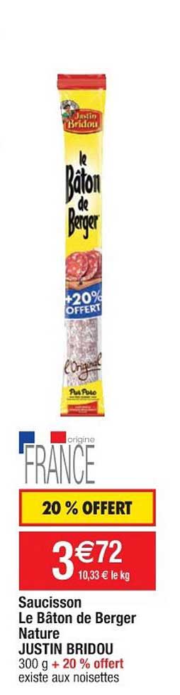 saucisson le bâton de berger nature justin bridou