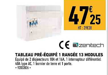 tableau pré équipé 1 rangée 13 modules zenitech