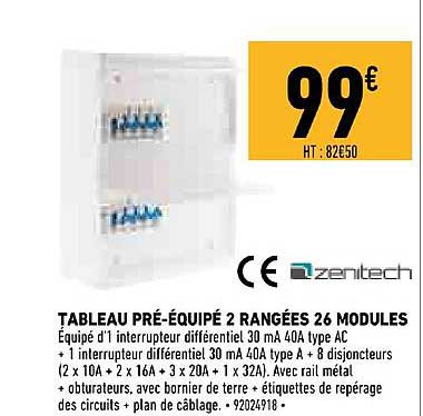 tableau pré équipé 2 rangées 26 modules zenitech