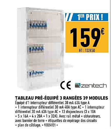 tableau pré équipé 3 rangées 39 modules zenitech