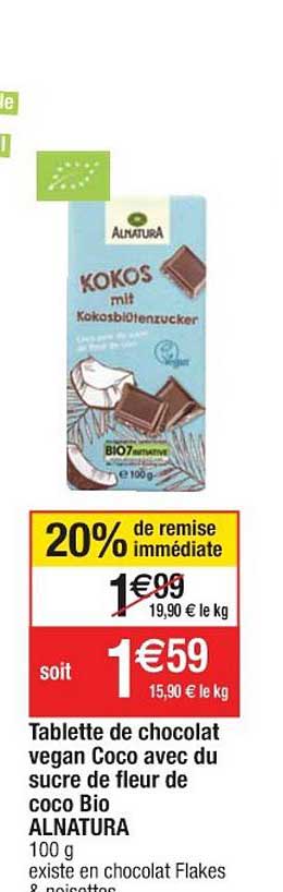 Tablette De Chocolat Vegan Coco Avec Du Sucre De Fleur De Coco Bio Alnatura 20% De Remise Immédiate