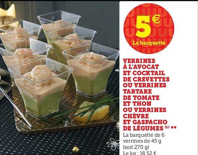verrines à l'avocat et coktail de crevettes ou verrines tartare de tomate et thon ou verrines chèvre et gaspacho de légumes