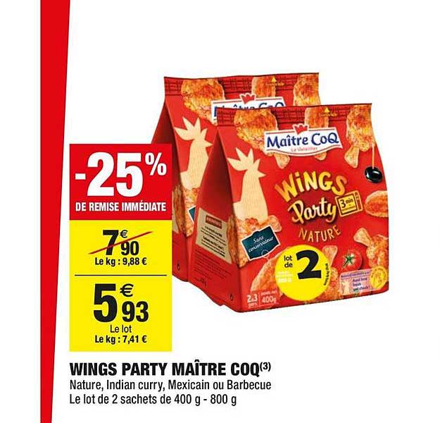 wings party maître coq -25% de remise immédiate