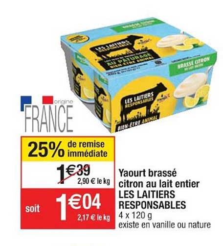 yaourt brassé citron au lait entier les laitiers responsables 25% de remise immédiate