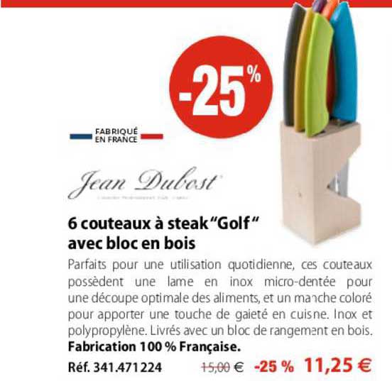 6 couteaux à steak "golf" avec bloc en bois