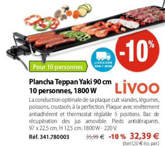 plancha teppan yaki 90 cm 10 personnes, 1800 w livoo