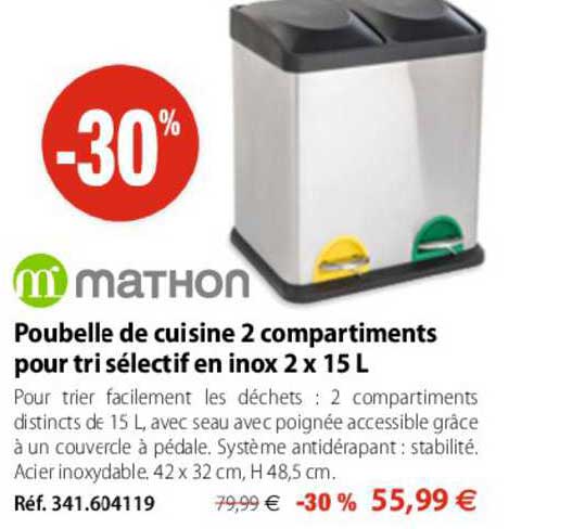 poubelle de cuisine 2 compartiments pour tri sélectif en inox 2 x 15 l