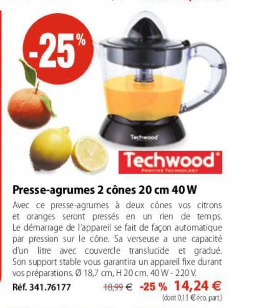 presse-agrumes 2 cônes 20 cm 40 w techwood