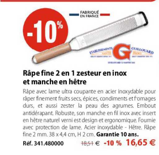 râpe fine 2 en 1 zesteur en inox et manche en hêtre