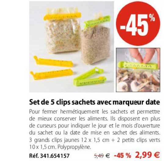 set de 5 clips sachets avec marqueur date