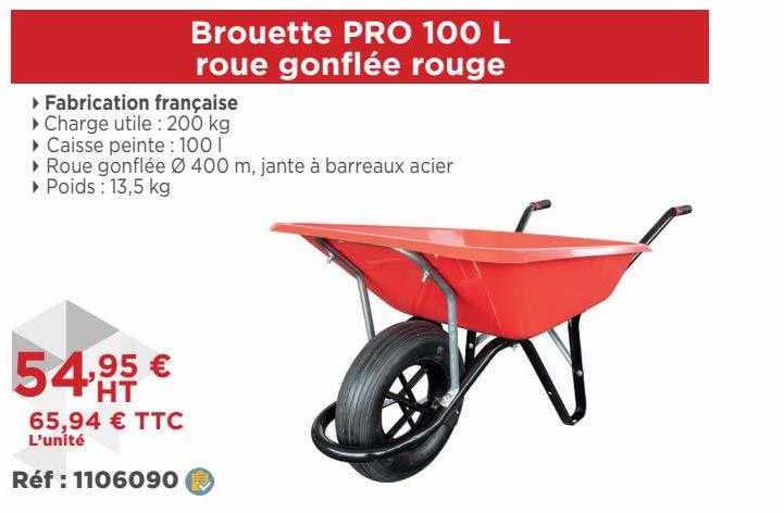 brouette pro 100l roue gonflée rouge