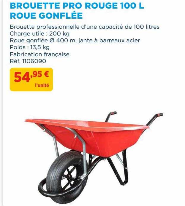 brouette pro rouge 100l roue gonflée
