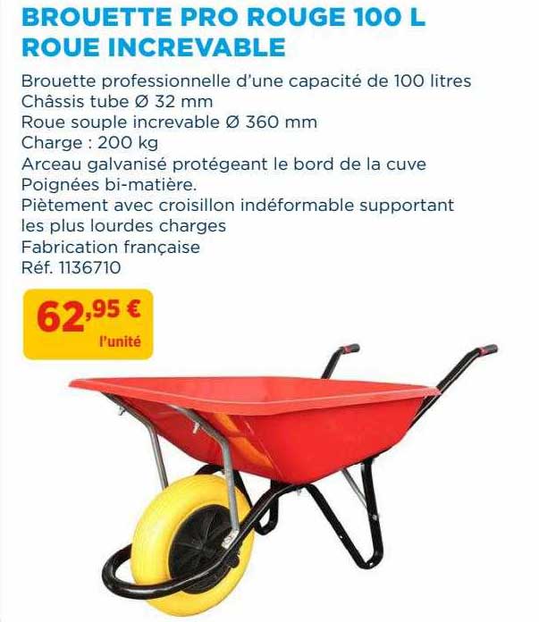 brouette pro rouge 100l roue increvable