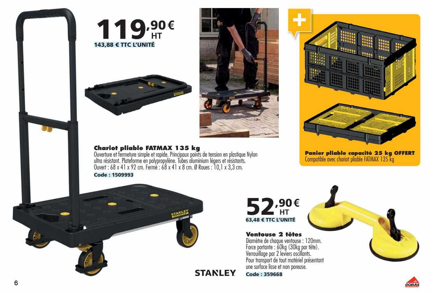 Chariot Pliable Fatmax 135 Kg, Ventouse 2 Têtes Stanley