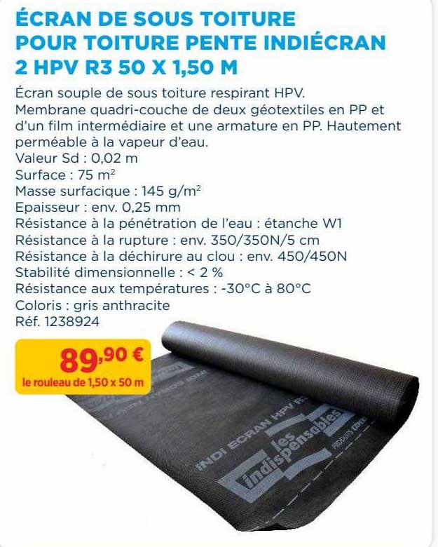 écran de sous toiture pour toiture pente indiécran 2 hpv r3 50 x 1,50 m