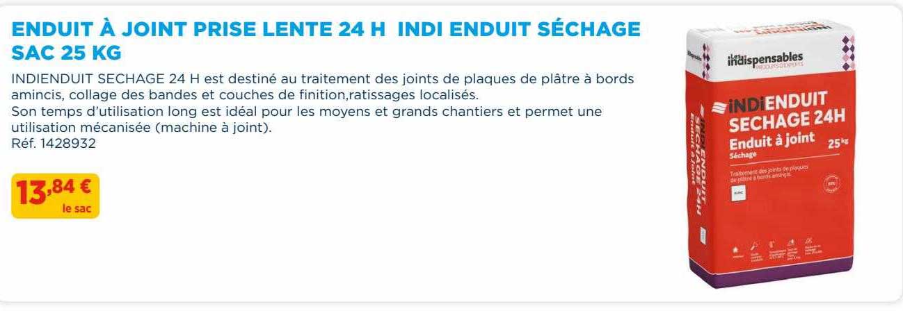 enduit à joint prise lent 24 h indi enduit séchage sac 25 kg