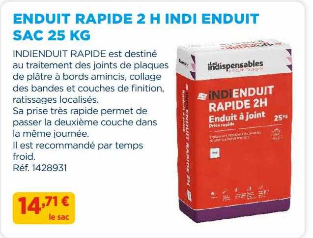 enduit rapide 2 h indi enduit sac 25 kg