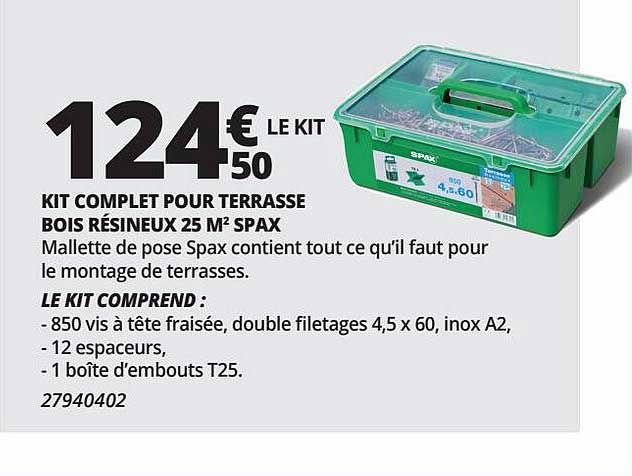 kit complet pour terrasse bois résineux 25 m² spax