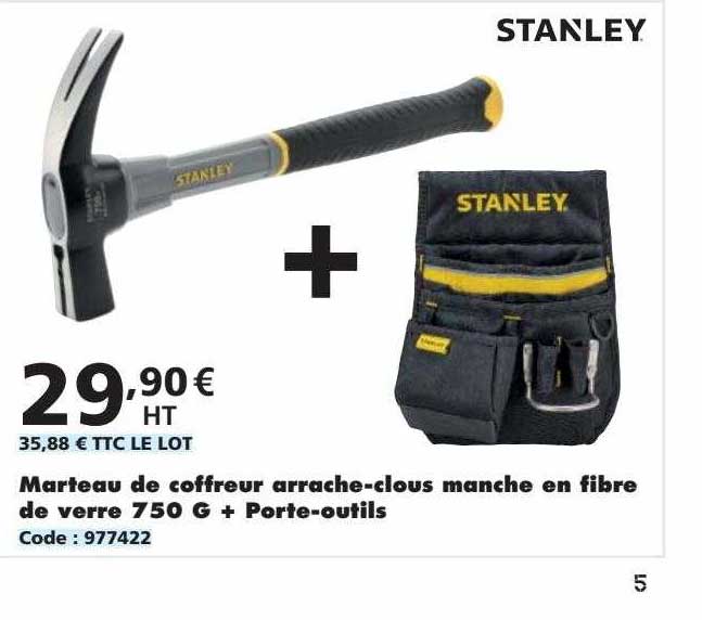 marteau de coffreur arrache-clous manche en fibre de verre 750 g + porte-outils stanley