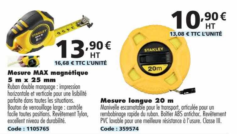 mesure max magnétique 5 m x 25 mm, mesure longue 20 m stanley