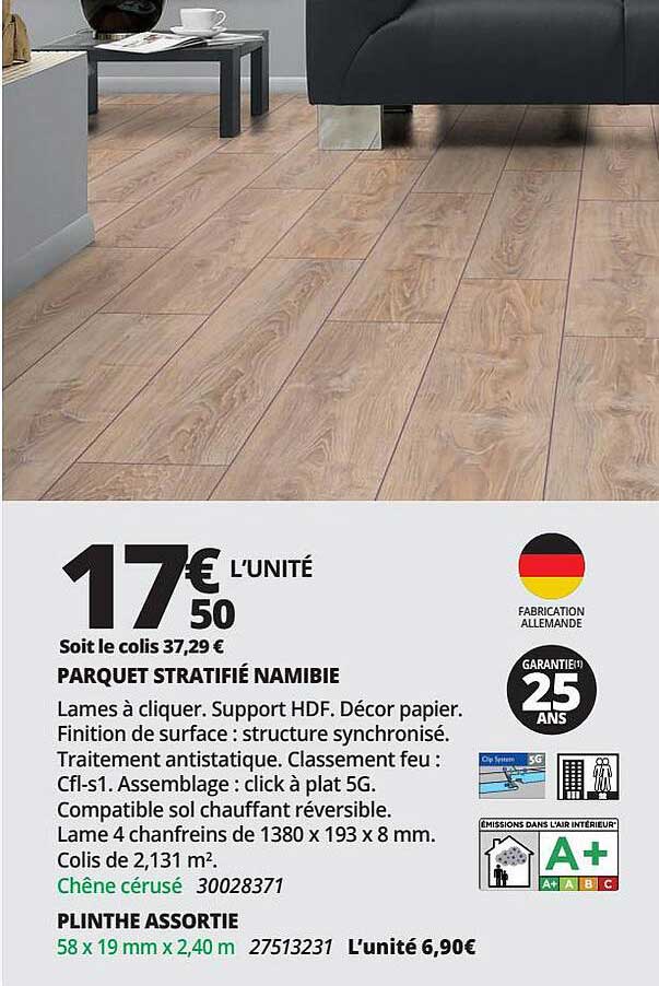 parquet stratifié nambie, plinthe assortie