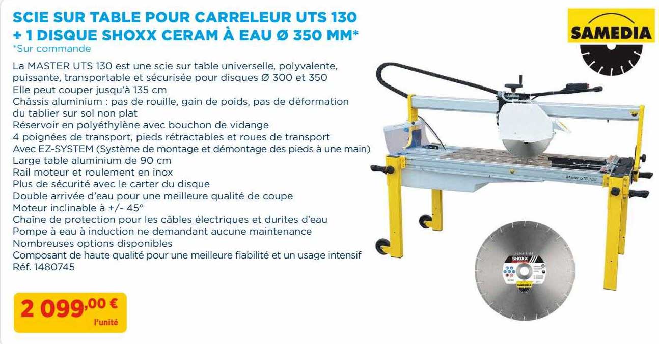 Scie Sur Table Pour Carreleur Uts 130 + 1 Disque Shoxx Ceram à Eau ø 350 Mm Samedia