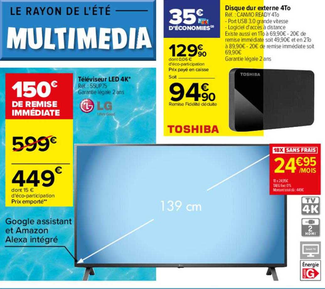 téléviseur led 4k lg, disque dur externe 4to toshiba