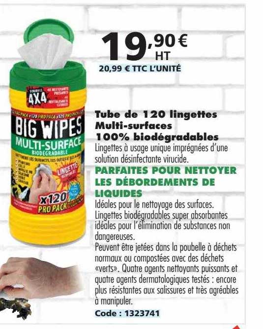 tube de 120 lingettes multi-surfaces 100% biodégradables big wipes