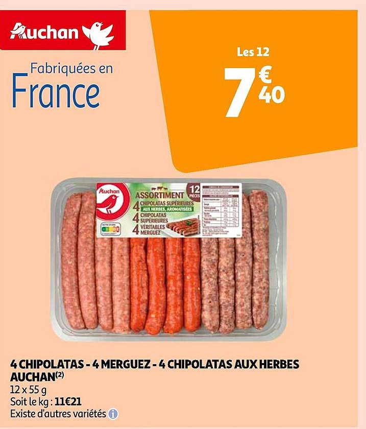 4 Chipolatas - 4 Merguez- 4 Chipolatas Aux Herbes Auchan