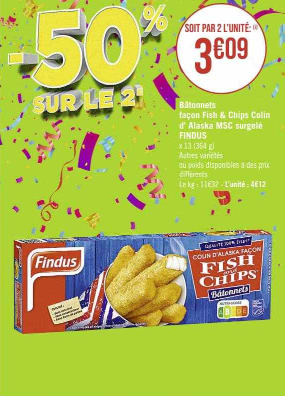 bâtonnets façon fish & chips colin d'alaska msc surgelé findus