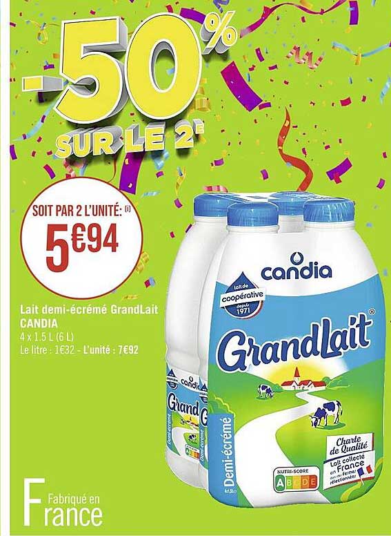 Lait Demi-écrémé Grandlait Candia