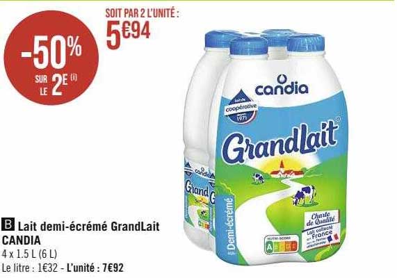 lait demi-écrémé grandlait candia