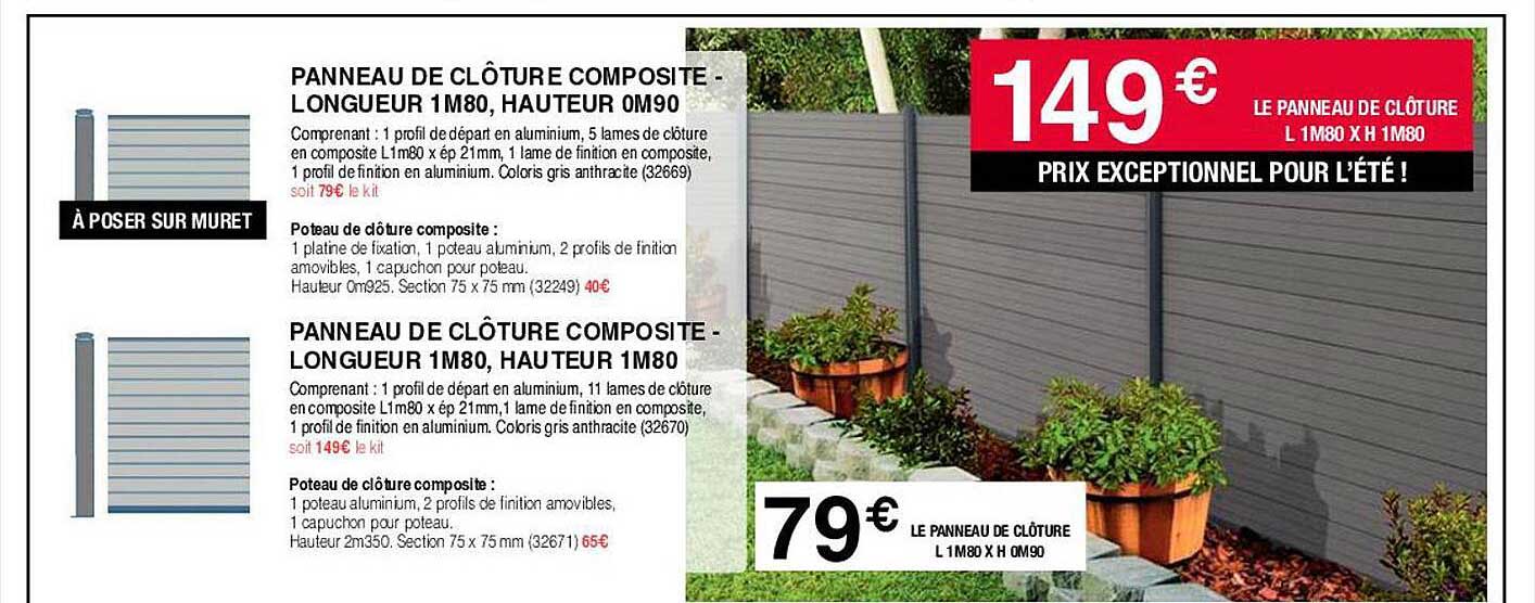 panneau de clôture composite - longueur 1m80, hauteur 0m90, panneau de clôture composite - longueur 1m80, hauteur 1m80