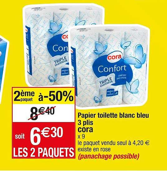 papier toilette blanc bleu 3 plis cora